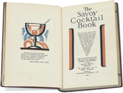  ?? ?? SHAKING ALL OVER: Above, Harry Craddock’s cocktail classic and two of his recipes; inset below, the telltale mark on the front cover.