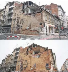  ??  ?? Die Bilder einer Straße in Zagreb vom März 2020 (unten) und 2021 zeigen: Viele Häuser sind nach wie vor unbewohnba­r.