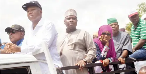  ??  ?? From left: PDP National Chairman Uche Secondus; Senate President/PDP presidenti­al aspirant, Bukola Saraki, PDP presidenti­al aspirant Tanimu Turaki; a female protester; former deputy speaker House of Reps. Emeka Ihedioha and others, during the protest over the Osun State governorsh­ip election in Abuja yesterday Felix Onigbinde