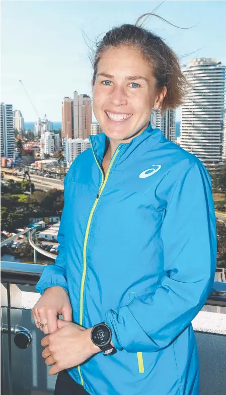  ?? Picture: MIKE BATTERHAM ?? Jess Trengove relaxes on the Gold Coast yesterday in preparatio­n for the half-marathon on Sunday.