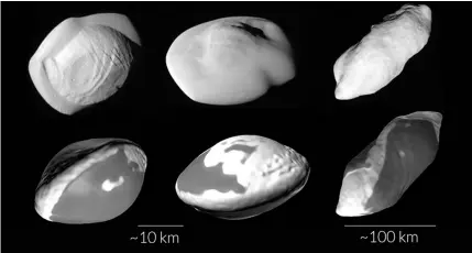  ??  ?? PITTING IMAGE. Simulated collisions between two moonlets can lead to oddly shaped moons (bottom row) that closely resemble some of Saturn’s moons (top row; from left to right: Pan, Atlas and Prometheus).