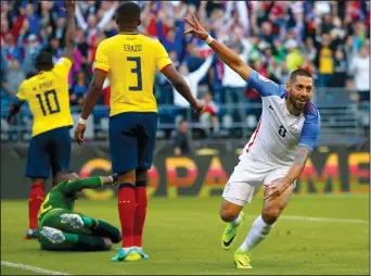  ?? SY BEAN/TRIBUNE NEWS SERVICE ?? The United States' Clint Dempsey (8) celebrates after making a feed to Gyasi Zardes against Ecuador during the Copa America quarterfin­als in Seattle on June 16, 2016.