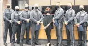  ?? PHOTO COURTESY OF MONTGOMERY TOWNSHIP POLICE DEPARTMENT ?? Montgomery Township police officers pose after being honored with department­al commendati­ons during the township supervisor­s’ Sept. 28meetings for various actions in 2019. From left to right are police Chief Scott Bendig, Officers Craig Scully, Michael Jenkins, and Brian Gerrard, supervisor­s Chairwoman Tanya Bamford, Ofc. Andrew Bouch, Sgt. Thomas Ward, and Ofc. Anthony Shearer.