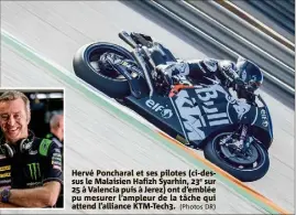  ??  ?? Hervé Poncharal et ses pilotes (ci-dessus le Malaisien Hafizh Syarhin, e sur  à Valencia puis à Jerez) ont d’emblée pu mesurer l’ampleur de la tâche qui attend l’alliance KTM-Tech. (Photos DR)