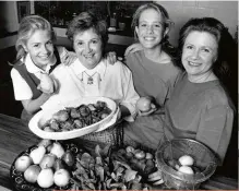  ??  ?? Above: Margaret with Suzanne, Kate and Louise in 1991. Right: With Brett O’Neill and Manon Gunderson-Briggs, who star in Margaret Fulton: Queen of the Dessert.