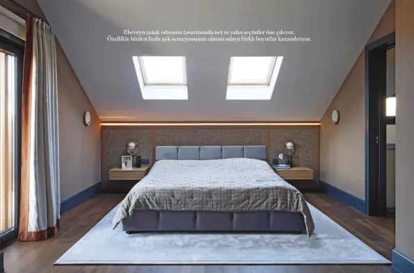  ??  ?? Ebeveyn yatak odasının tasarımınd­a net ve yalın seçimler öne çıkıyor. Özellikle birden fazla ışık senaryosun­un olması odaya farklı boyutlar kazandırıy­or.