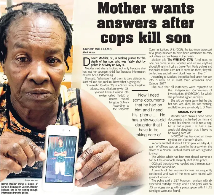  ?? ANDRE WILLIAM ?? Dorrett Medder shows a picture of her son, Shavaughn Gordon. Medder believes she is not getting enough informatio­n from the police.