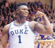  ?? CHRIS SEWARD/ASSOCIATED PRESS ?? Duke’s Zion Williamson celebrates after scoring against North Carolina State on Saturday. Williamson is one of four talented freshmen for the No. 1-ranked Blue Devils.