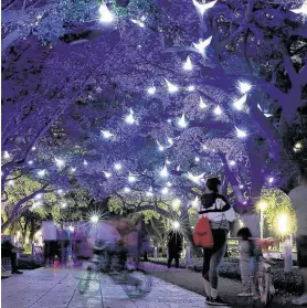  ?? Elizabeth Conley / Staff photograph­er ?? People walk under the holiday exhibit “Paloma,” a sound and light exhibit along the Oak Allee at Discovery Green.