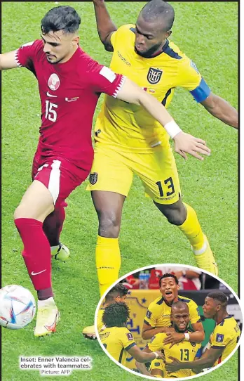  ?? Picture: AFP
Picture: REUTERS ?? Inset: Enner Valencia celebrates with teammates.
Qatar’s Bassam Al-Rawi in action with Ecuador’s Enner Valencia, right, during
their clash yesterday.