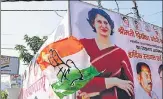  ?? SUBHANKAR CHAKRABORT­Y/HT ?? Hoardings coming up near the UPCC ofice in Lucknow ahead of Priyanka Gandhi Vadra’s visit.