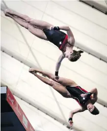  ?? JEFF MCINTOSH/THE CANADIAN PRESS ?? Olympian Meaghan Benfeito, right, and Caeli McKay of Calgary will team up in the 10m synchroniz­ed event Saturday at the Canada Cup FINA diving Grand Prix at the Repsol Centre.