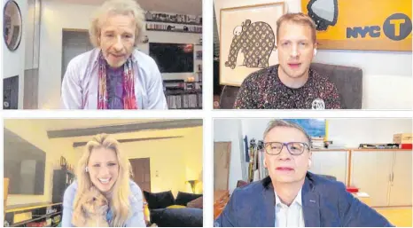  ?? FOTO: TVNOW ?? Die „Quarantäne-WG“: Thomas Gottschalk (oben links), Günther Jauch (unten rechts) und Oliver Pocher skypen mit Michelle Hunziker.