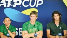  ?? Picture: AFP ?? ALL SET. Members of South Africa’s team (L to R) Jeff Coetzee, Kevin Anderson and Lloyd Harris at a press conference.