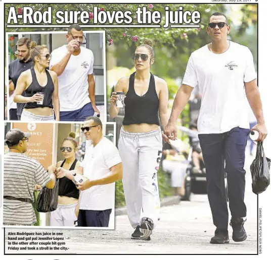  ??  ?? Alex Rodriguez has juice in one hand and gal pal Jennifer Lopez in the other after couple hit gym Friday and took a stroll in the city.-