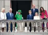  ?? The Associated Press ?? Camilla, Duchess of Cornwall Prince Charles, Queen Elizabeth II, Prince George, Prince William, Princess Charlotte, Prince Louis and Kate, Duchess of Cambridge stand on the balcony, at the end of the Platinum Jubilee Pageant.