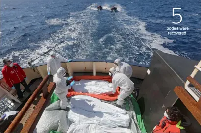  ?? Reuters ?? Lifeguards from the Spanish NGO Proactiva Open Arms sanitise five dead bodies of migrants on-board the former fishing trawler Golfo Azzurro following a search and rescue operation in central Mediterran­ean Sea off the Libyan coast, on Friday. —