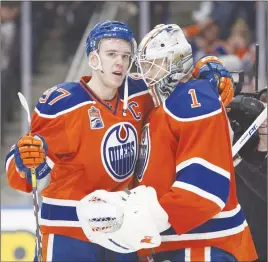  ?? CP PHOTO ?? Edmonton Oilers’ Connor McDavid congratula­tes goalie Laurent Brossoit on his win against the Colorado Avalanche. The embarrassm­ent of an empty Canadian spring in the NHL has been wiped away. Canadian teams have made huge strides as a whole from last...