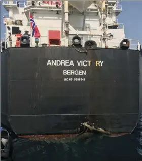  ??  ?? This photo provided by the United Arab Emirates’ National Media Council shows the Norwegian-flagged oil tanker MT Andrea Victory o the coast of Fujairah, United Arab Emirates, on Monday. UNITED ARAB EMIRATES NATIONAL MEDIA COUNCIL VIA AP