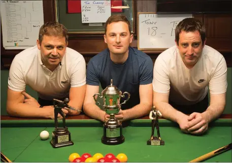  ??  ?? Tony Healy, who was the overall winner of the Joe Flyn Memorial Pool Cup in The Castle Bar, Rock Street, Tralee on Friday evening after he defeated Tim Claffey, with Fergal O’Sullivan, centre, from The Castle Bar, presenting the prize