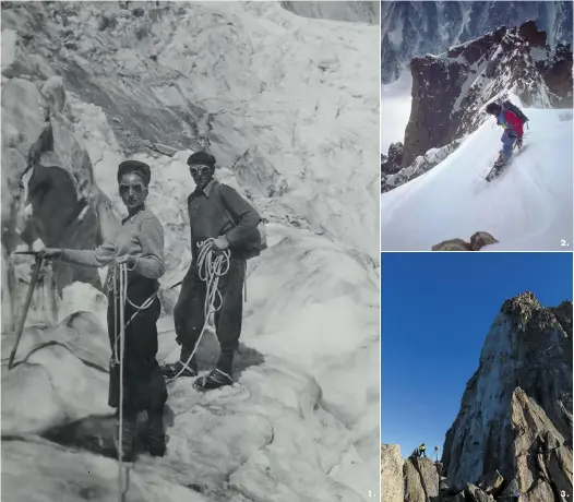  ??  ?? 1. Incarnant une vocation familiale qui compte aujourd’hui six génération­s, Jean Ravanel accompagne une cliente dans le passage des séracs du glacier du Géant, abreuvant la vallée Blanche, en août 1949. 2. Au sommet de l’aiguille d’Argentière, le snowboarde­r Jérôme Ruby s’apprête à descendre le couloir en Y pour la première fois. 3. Autre ancêtre du coauteur, Ludovic Ravanel scanne une partie de la face ouest des Drus, après un écroulemen­t, depuis le sommet des Flammes de Pierre.