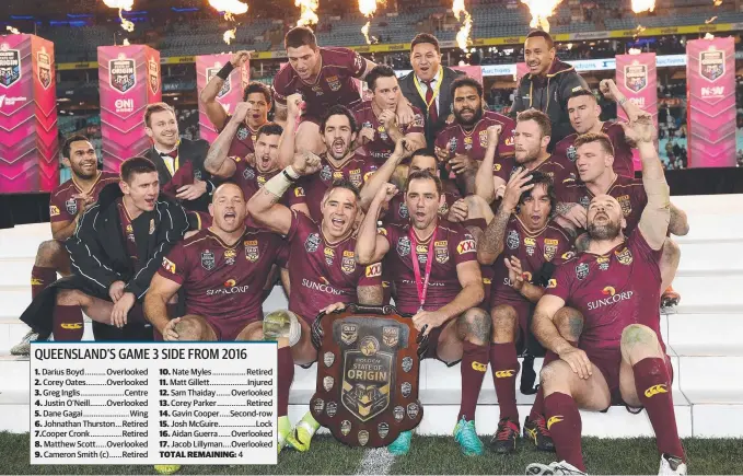  ?? Picture: AAP IMAGE ?? The Maroons pose with the State of Origin shield after winning the 2016 series. New captain Greg Inglis is one of just four survivors from Game Three of that year.