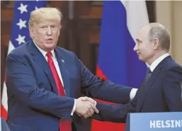  ?? AP PHOTO ?? BEST OF PALS: President Trump, left, and Russian President Vladimir Putin shake hands after a joint press conference yesterday at the Presidenti­al Palace in Helsinki, Finland.