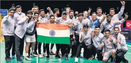  ?? ANI ?? The Indian badminton team after winning the Thomas Cup in Bangkok on Sunday.