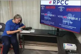  ?? SUE OGROCKI — THE ASSOCIATED PRESS ?? Doris Peters calls voters during a phone bank event Thursday at the Republican Party of Cuyahoga County in Independen­ce, Ohio.