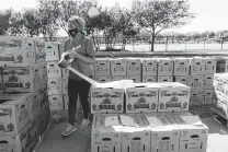  ?? Ilana Panich-Linsman / New York Times ?? Treasure Diopka labels boxes of produce being distribute­d to parents outside an elementary school in Austin last month.