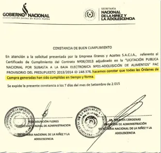  ??  ?? La propia SNNA emitió constancia de que todas las órdenes de compra fueron cumplidas por el proveedor, pero aún así la Fiscalía habla de faltante, afirman los abogados.