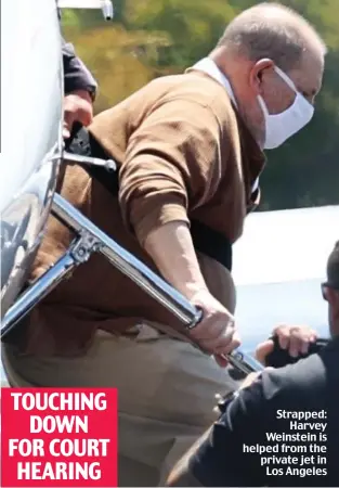  ??  ?? Strapped: Harvey Weinstein is helped from the private jet in Los Angeles