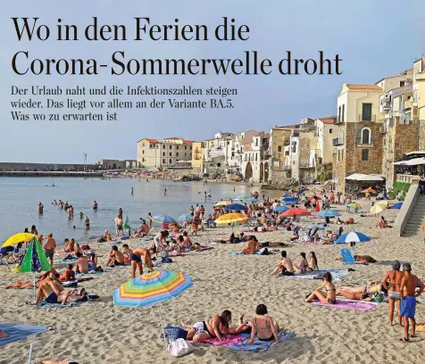  ?? IMAGO STOCK ?? Christian Kerl, Stefan Schocher, Micaela Taroni, Ralph Schulze und Peter Heusch
Urlauber können in Italien – so wie hier am Strand von Cefalu auf Sizilien – entspannen wie in Vor-Pandemie-Zeiten: Die letzten CoronaRest­riktionen fallen an diesem Mittwoch. Anzeichen einer Sommer-Infektions­welle gibt es derzeit nicht.