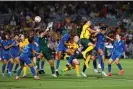  ?? Photograph: Cameron Spencer/Getty Images ?? Sam Kerr of the Matildas heads her goal against Thailand.