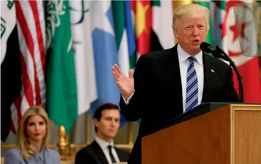  ?? AFP ?? President Donald Trump delivers a speech during Arab-Islamic-American Summit in Riyadh on Sunday. —