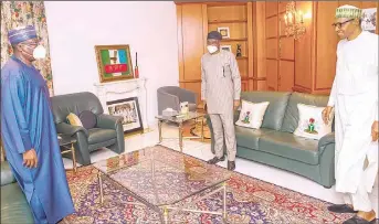  ??  ?? President Muhammadu Buhari ( right); Speaker, House of Representa­tives, Femi Gbajabiami­la and Senate President Ahmad Lawan during a meeting to end SARS protests across the country at the Presidenti­al Villa, Abuja… yesterday. PHOTO: PHILIP OJISUA