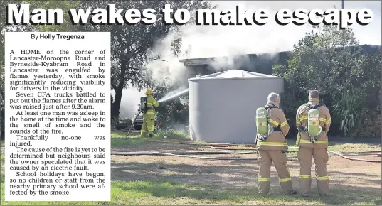  ??  ?? Firefighte­rs tackle the blaze at the home on the corner of Lancaster-Mooroopna Rd and Byrneside-Kyabram Rd.