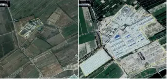  ??  ?? Des images satellites de l’expansion d’un des camps de Kachgar. A gauche en février 2017, à droite en août 2018.
