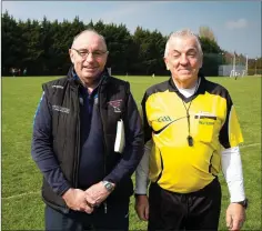  ?? Photo: Barbara Flynn ?? Eddie Leonard, Féile coordinato­r, and referee Gerry McGough at the hurling Féile at Kilcoole GAA.