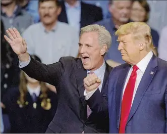  ?? David McNew Getty Images ?? REP. KEVIN McCarthy (R-Bakersfiel­d) and then-President Trump at a rally in 2020. The next year, he criticized the president for the Capitol insurrecti­on, then rushed to his resort to beg forgivenes­s.