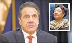  ?? BARRY WILLIAMS/FOR NEW YORK DAILY NEWS ?? Senate Democrats suggested Gov. Cuomo slights leader Andrea Stewart-Cousins (inset) because she is a black woman.