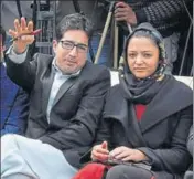  ?? PTI ?? Former IAS officer Shah Faesal and JNU student leader Shehla Rashid during the launch of J&amp;K Peoples’ Movement in Srinagar on Sunday.