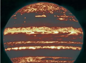  ??  ?? Nasa is probing the workings of Jupiter’s giant storms using images such as this infrared one from the Gemini Observator­y in Hawaii.