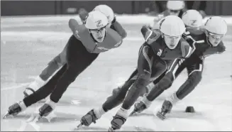  ?? KRISTEN BINNS/SPECIAL TO SALTWIRE NETWORK ?? P.E.I.’s Carter Bruce, foreground, leads a group of New Brunswick skaters around a corner at a competitio­n last year in Halifax. Bruce is one of several Island skaters aiming for a berth on P.E.I.’s speedskati­ng teams for the 2019 Canada Games in Red Deer, Alta.