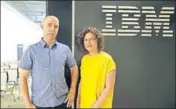  ?? AP ?? Developers Noam Slonim (left) and Ranit Aharonov pose near the IBM Project Debater before the humanmachi­ne debate.