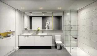  ??  ?? Dag Design’s Andrée Goupil added her flair for contempora­ry chic to the condo units, as seen in this bathroom with its sleek fixtures and modern shower.