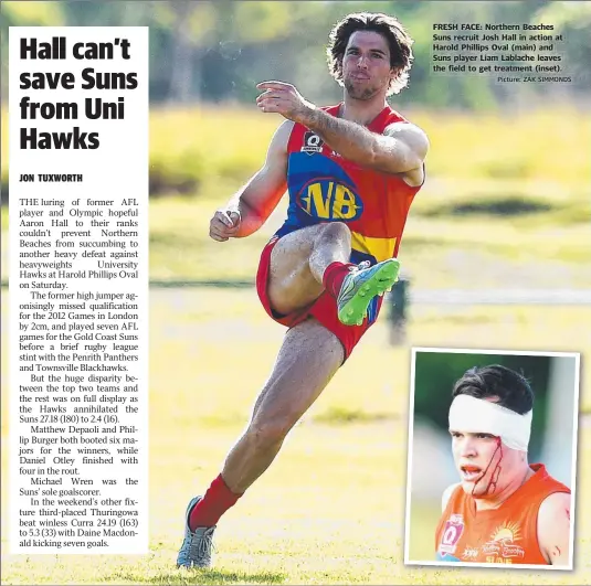  ?? Picture: ZAK SIMMONDS ?? FRESH FACE: Northern Beaches Suns recruit Josh Hall in action at Harold Phillips Oval ( main) and Suns player Liam Lablache leaves the field to get treatment ( inset).