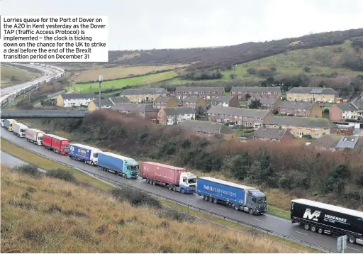  ??  ?? Lorries queue for the Port of Dover on the A20 in Kent yesterday as the Dover TAP (Traffic Access Protocol) is implemente­d — the clock is ticking down on the chance for the UK to strike a deal before the end of the Brexit transition period on December 31