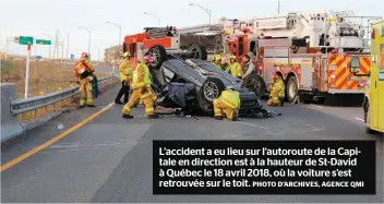  ?? PHOTO D’ARCHIVES, AGENCE QMI ?? L’accident a eu lieu sur l’autoroute de la Capitale en direction est à la hauteur de St-david à Québec le 18 avril 2018, où la voiture s’est retrouvée sur le toit.