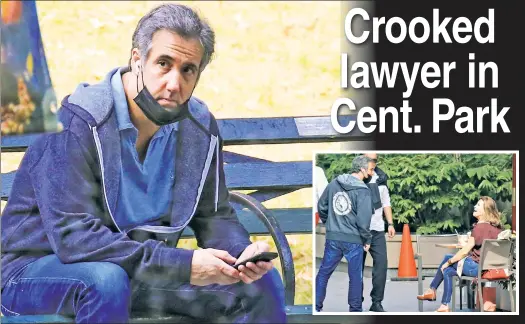  ??  ?? HARD TIME: Convicted former Trump fixer Michael Cohen enjoys his “imprisonme­nt” in Central Park Friday, taking in a nice chat with a local (inset).